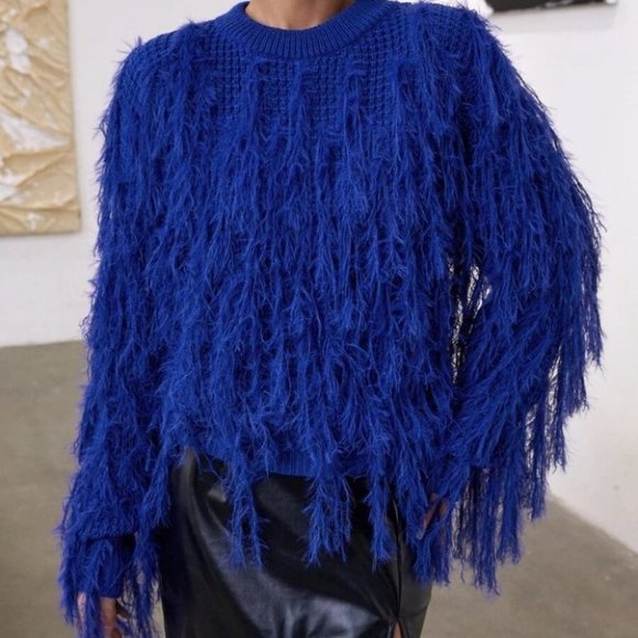 BLUE Fuzzy Fringe Crop knit Sweater top - Picture 4 of 6